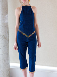 Woman wearing vintage blue denim two-piece
