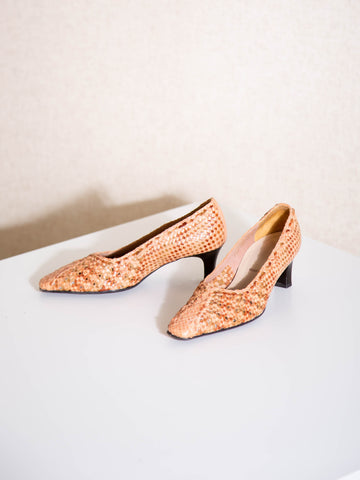 Vintage 1990s tan leather woven court shoes
