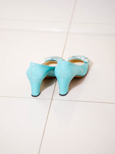 Vintage 1970s baby-blue embellished leather pumps with low block heels.
