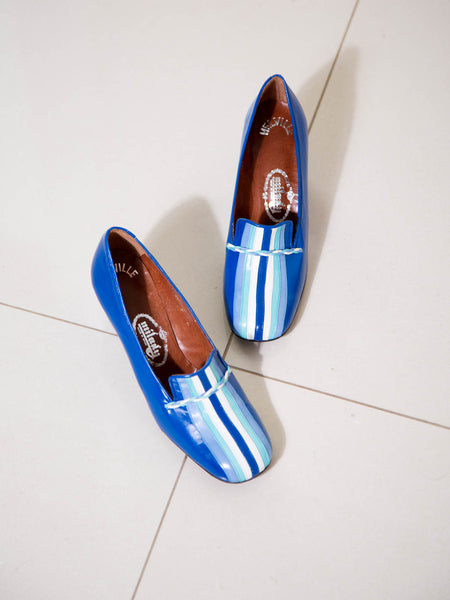 Vintage 1970s royal blue striped leather loafers with block heel and original shoebox