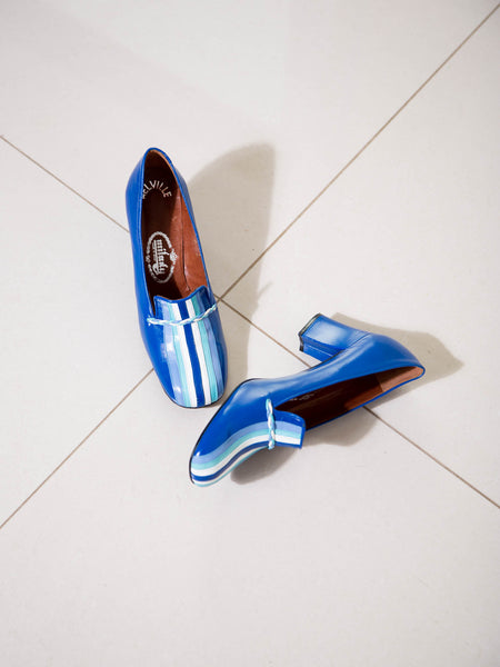 Vintage 1970s royal blue striped leather loafers with block heel and original shoebox