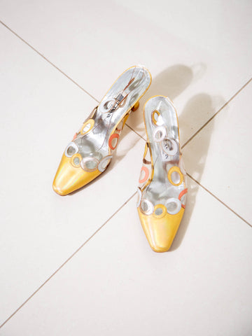 Vintage 1980s metallic leather and clear vinyl slingback heels by Lanvin