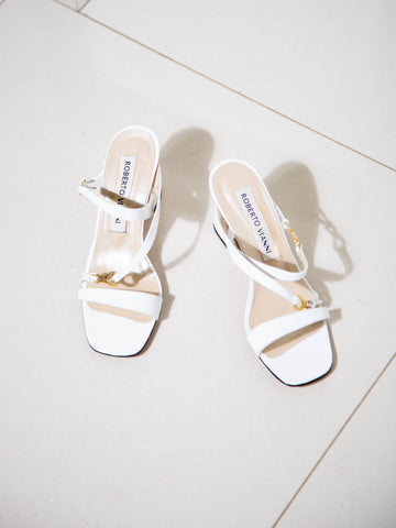 Vintage 1990s strappy sandals with block heels and gold accents