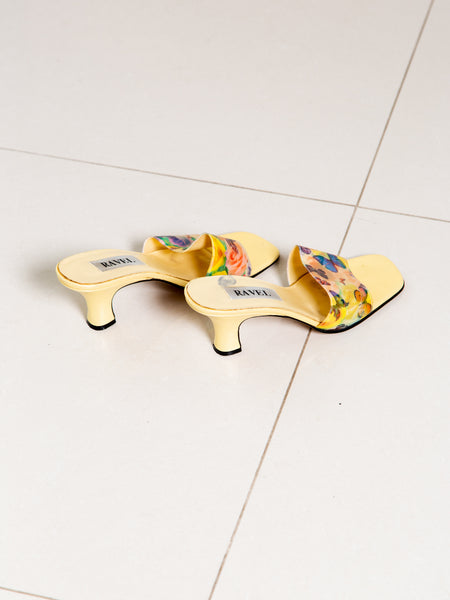 Vintage 1990s multicoloured lenticular mules with dual butterfly and rose-print effects