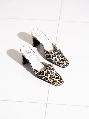 Vintage 1990s leopard-print heeled satin mules.