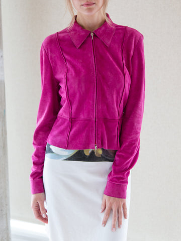 Vintage Y2K fuchsia-pink suede leather jacket by Trussardi.