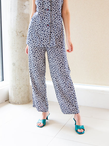 Vintage 1990s dark blue daisy-print pyjama dressing set by Naf Naf
