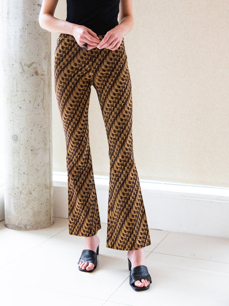 Vintage 2000s gold geometric-print flared trousers by Topshop