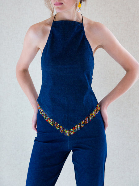 Vintage 1990s navy halter top and pedal pushers set with multicoloured beaded fringing.