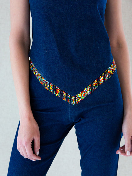 Vintage 1990s navy halter top and pedal pushers set with multicoloured beaded fringing.