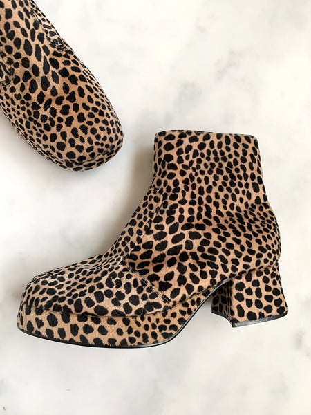 A rare pair of vintage 1990s leopard-print ankle boots in mint, unworn condition. Very Spice Girls!