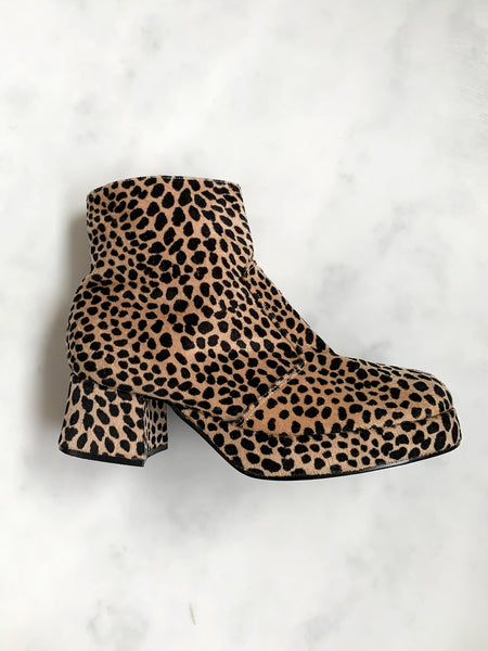 A rare pair of vintage 1990s leopard-print ankle boots in mint, unworn condition. Very Spice Girls!