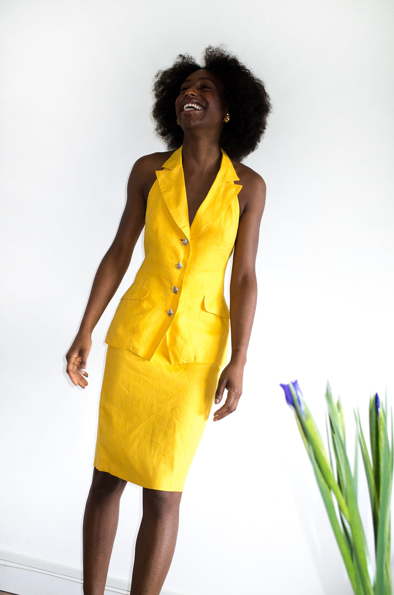 VINTAGE 1990s YELLOW LINEN WAISTCOAT HALTER SUIT BY GASTON JAUNET(S ...