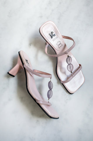 A pair of unusual vintage 1990s lilac mules with beaded T-strap.