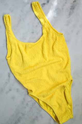 Vintage 1990s bright yellow crinkle one-piece swimsuit