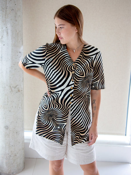 Vintage 1990s black, beige and brown optical-print short-sleeve blouse