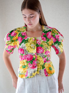 Vintage 1980s multi-coloured floral rose-print blouse.