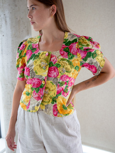 Vintage 1980s multi-coloured floral rose-print blouse.