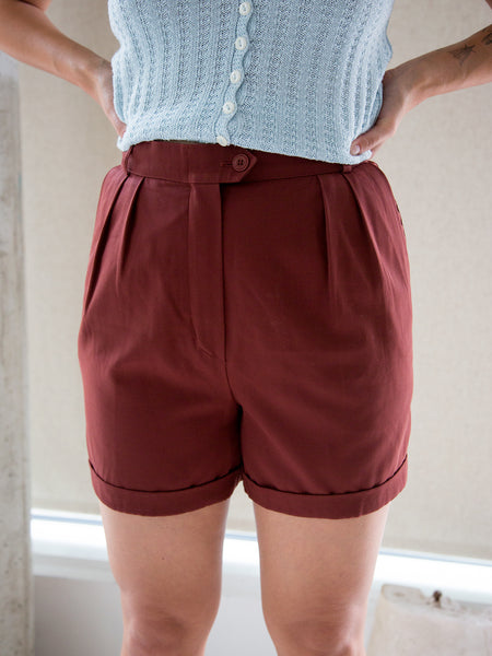 Woman wearing vintage 1980s chestnut brown tailored shorts by Escada (Margaretha Ley)