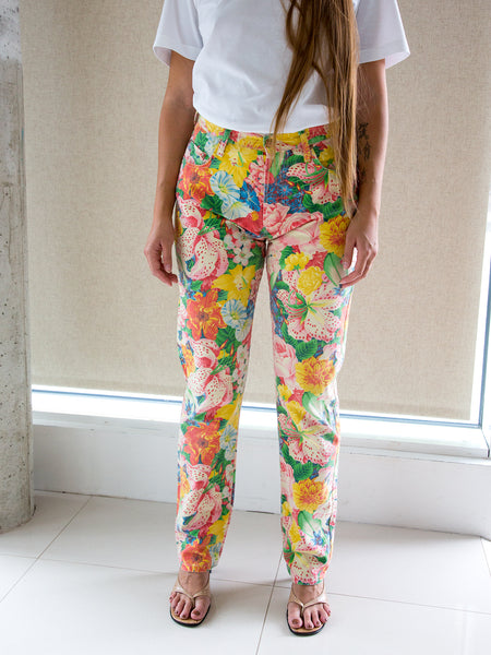 Vintage early 1990s multicoloured floral jeans by KENZO Jeans featuring a rare print design by Miyuki