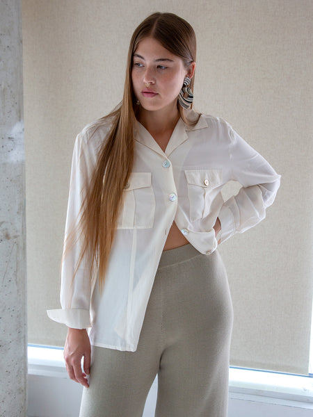 Vintage 1990s cream long-sleeve pocket blouse with real shell buttons