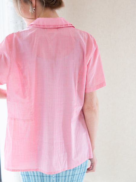 Vintage 1990s pink boxy blouse with iridescent finish and unusual triple-collar detail.