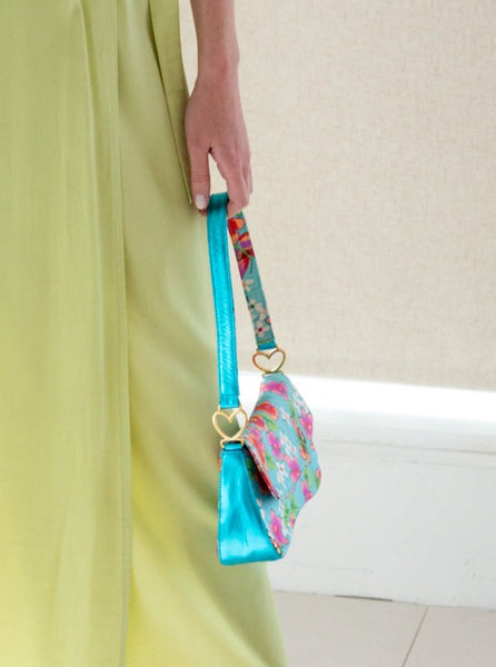 Vintage Y2K turquoise patterned satin shoulder bag by Beverly Feldman.