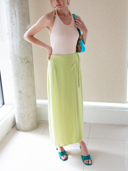 Vintage 1990s lime-green maxi skirt with wrap fastening.