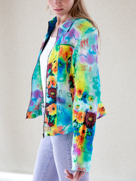 Unusual vintage 1990s multicoloured denim jacket with graffiti design by Paul Brial 'Pour Elle'.