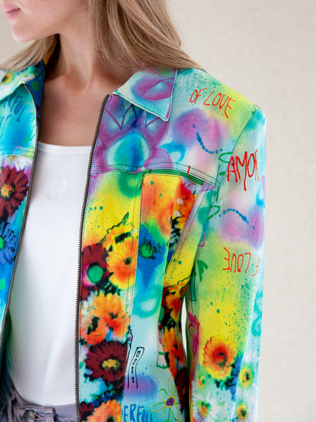 Unusual vintage 1990s multicoloured denim jacket with graffiti design by Paul Brial 'Pour Elle'.