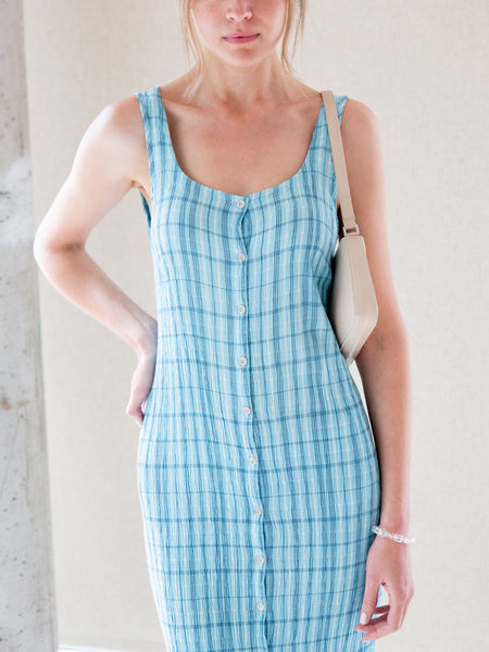 Vintage 1990s aqua blue checked button-through sleeveless midi dress.